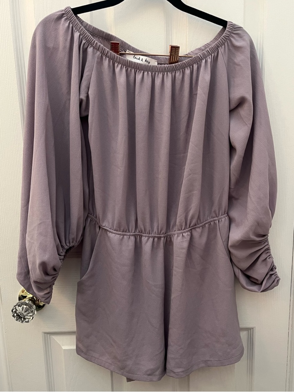 Lock & Key Lavender Off-Shoulder Romper